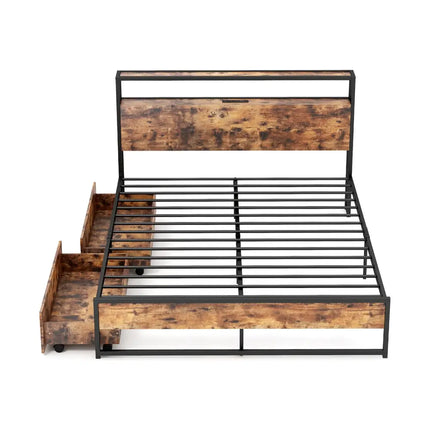 Full/Queen Bed Frame with 2-Tier Storage Headboard and Charging Station-Queen Size - Rustic Brown - Simple Bed Frame