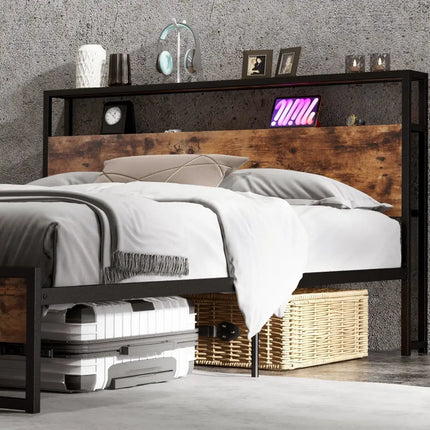 Full/Queen Bed Frame with 2-Tier Storage Headboard and Charging Station-Queen Size - Rustic Brown - Simple Bed Frame