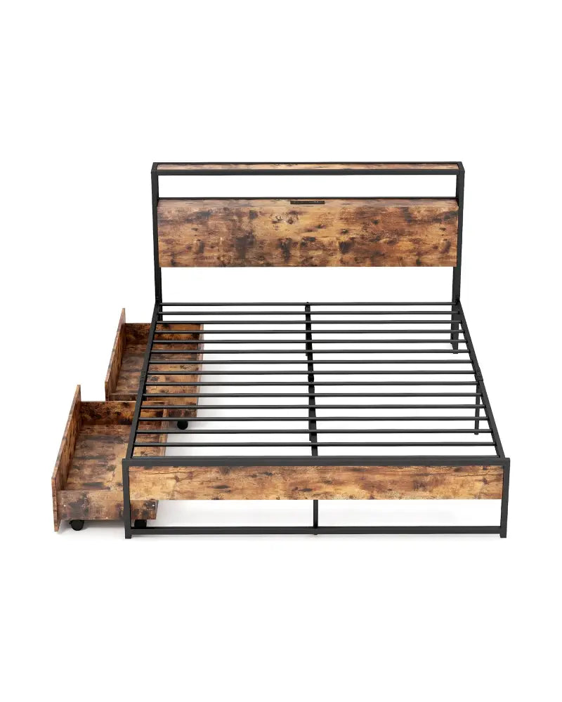 Full/Queen Bed Frame with 2-Tier Storage Headboard and Charging Station-Queen Size - Rustic Brown - Simple Bed Frame