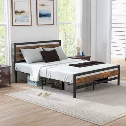 Full/Queen Industrial Bed Frame with Rustic Headboard and Footboard-Queen Size - Rustic Brown - Simple Bed Frame