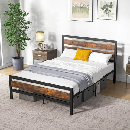 Full/Queen Industrial Bed Frame with Rustic Headboard and Footboard-Full Size - Rustic Brown - Simple Bed Frame