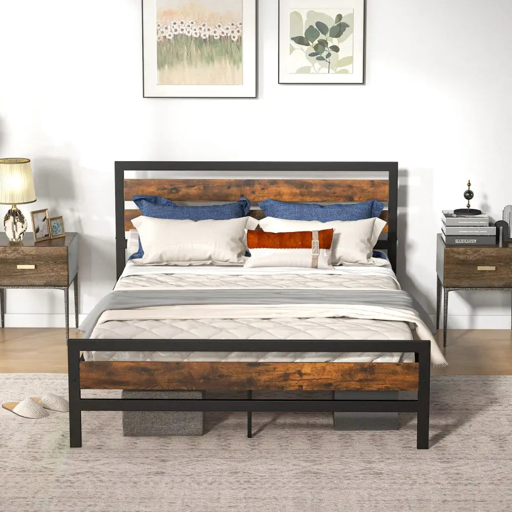 Full/Queen Industrial Bed Frame with Rustic Headboard and Footboard-Queen Size - Rustic Brown - Simple Bed Frame