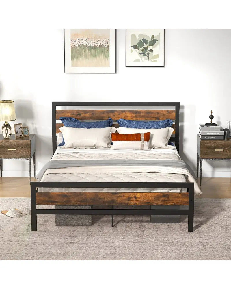 Full/Queen Industrial Bed Frame with Rustic Headboard and Footboard-Queen Size - Rustic Brown - Simple Bed Frame