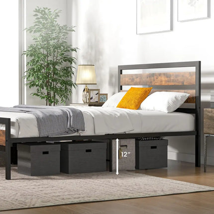 Full/Queen Industrial Bed Frame with Rustic Headboard and Footboard-Full Size - Rustic Brown - Simple Bed Frame