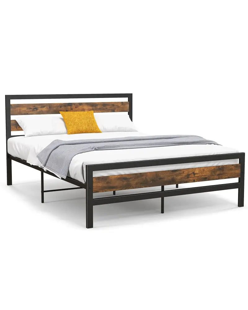 Full/Queen Industrial Bed Frame with Rustic Headboard and Footboard-Queen Size - Rustic Brown - Simple Bed Frame