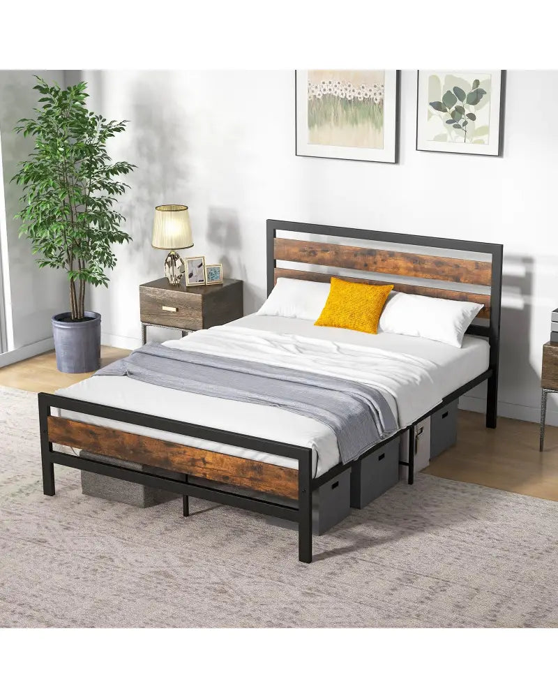 Full/Queen Industrial Bed Frame with Rustic Headboard and Footboard-Full Size - Rustic Brown - Simple Bed Frame