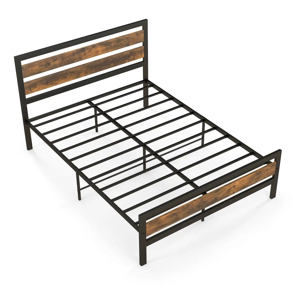 Full/Queen Industrial Bed Frame with Rustic Headboard and Footboard-Full Size - Rustic Brown - Simple Bed Frame