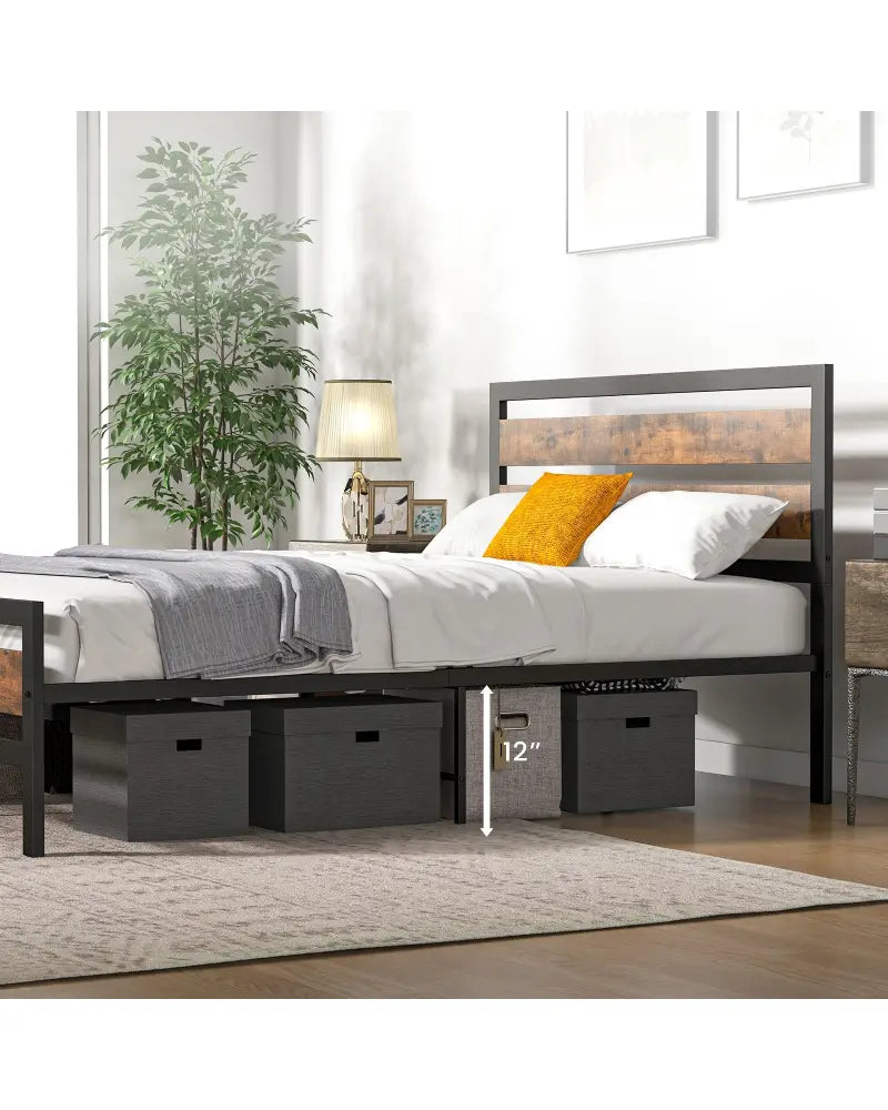 Full/Queen Industrial Bed Frame with Rustic Headboard and Footboard-Full Size - Rustic Brown - Simple Bed Frame