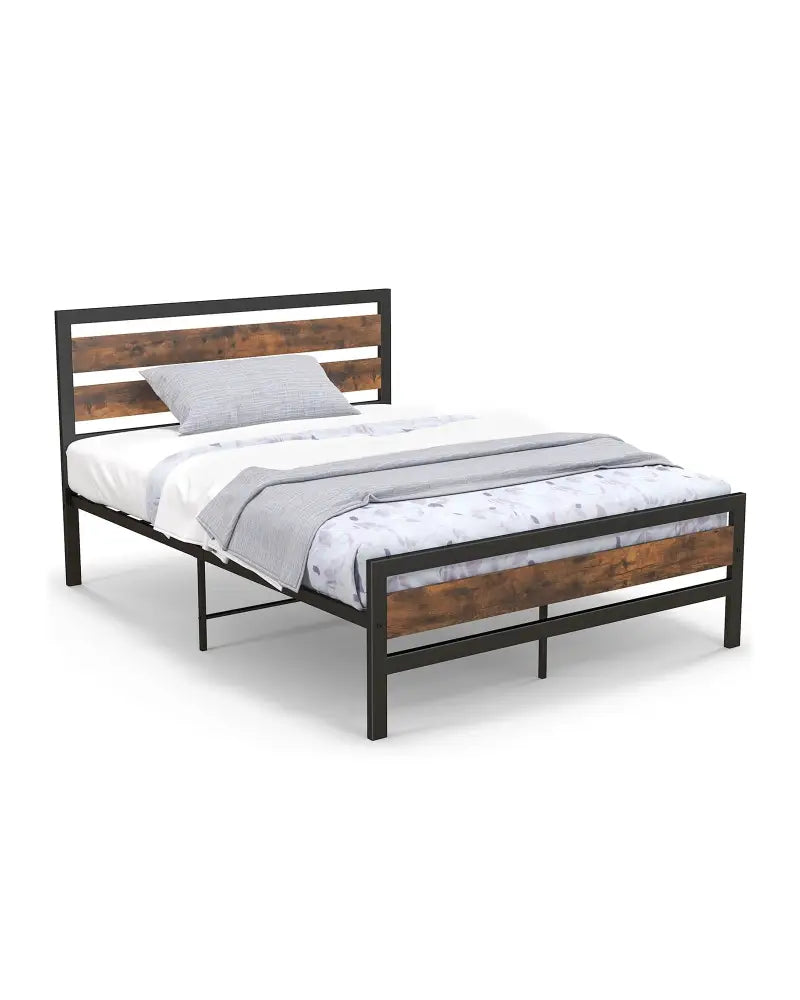 Full/Queen Industrial Bed Frame with Rustic Headboard and Footboard-Full Size - Rustic Brown - Simple Bed Frame