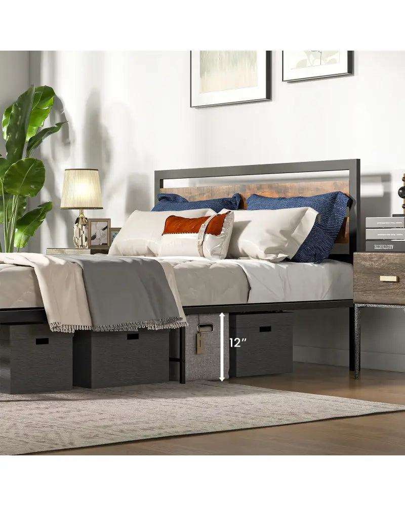 Full/Queen Industrial Bed Frame with Rustic Headboard and Footboard-Queen Size - Rustic Brown - Simple Bed Frame