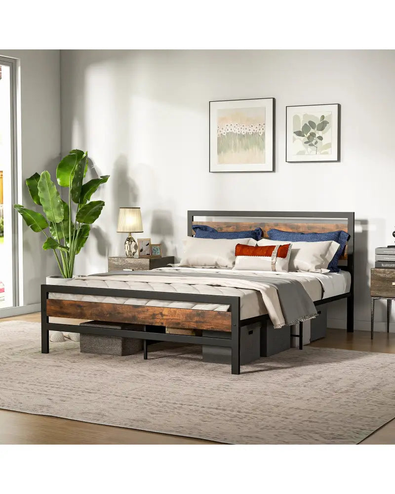 Full/Queen Industrial Bed Frame with Rustic Headboard and Footboard-Queen Size - Rustic Brown - Simple Bed Frame