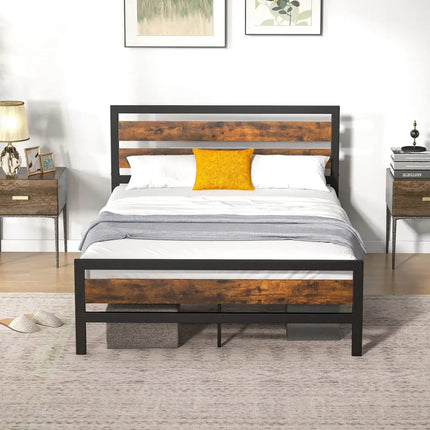 Full/Queen Industrial Bed Frame with Rustic Headboard and Footboard-Full Size - Rustic Brown - Simple Bed Frame