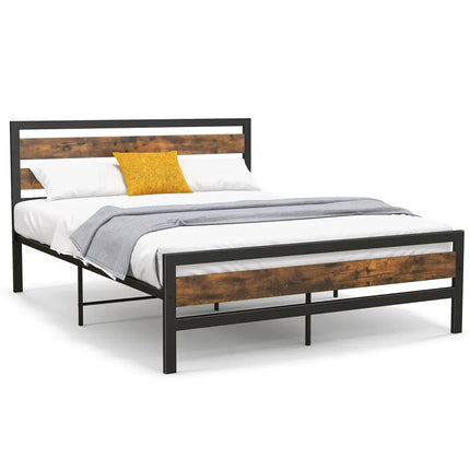 Full/Queen Industrial Bed Frame with Rustic Headboard and Footboard-Queen Size - Rustic Brown - Simple Bed Frame