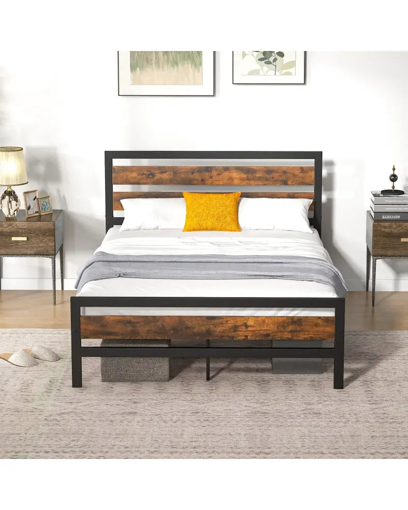 Full/Queen Industrial Bed Frame with Rustic Headboard and Footboard-Full Size - Rustic Brown - Simple Bed Frame