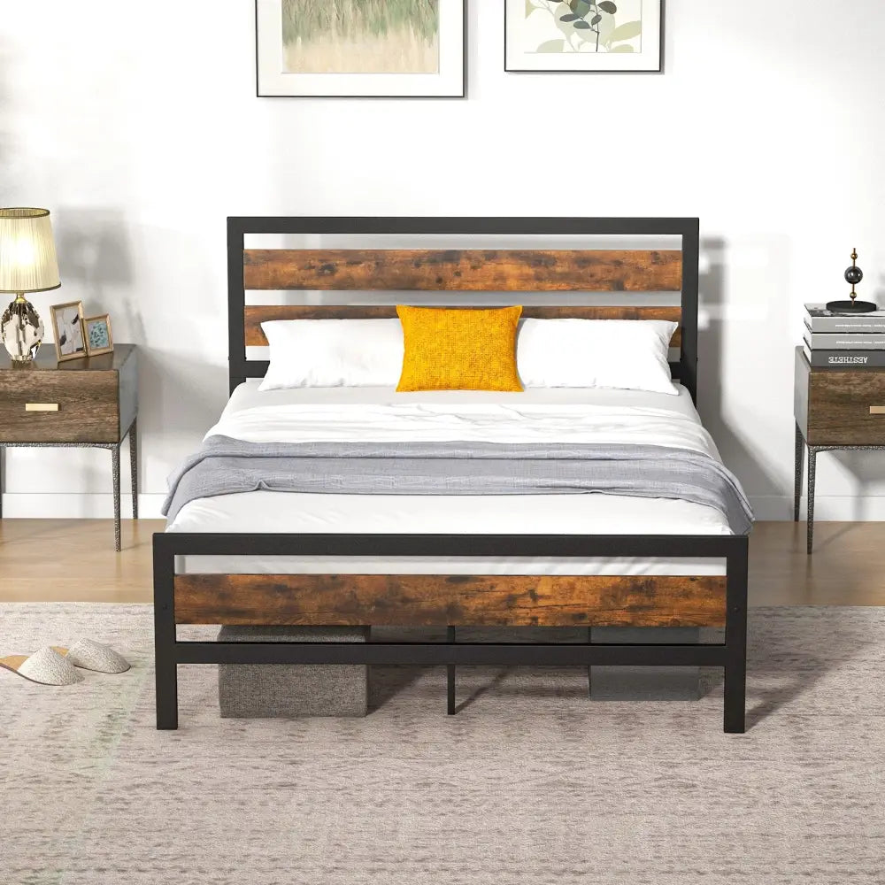 Full/Queen Industrial Bed Frame with Rustic Headboard and Footboard-Full Size - Rustic Brown - Simple Bed Frame