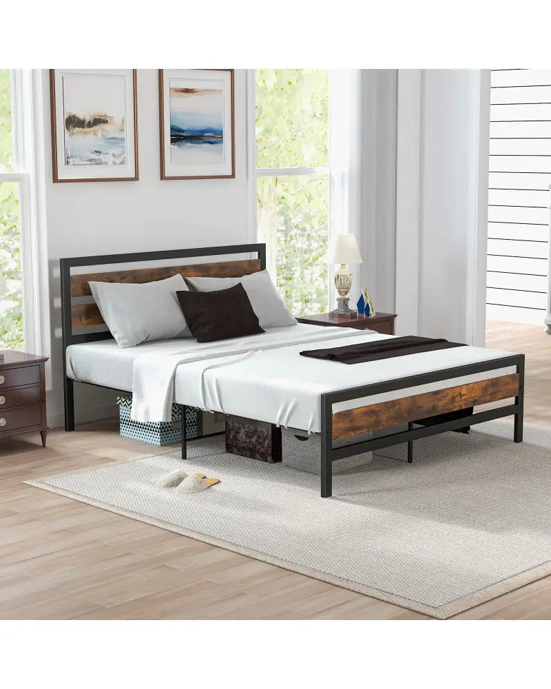 Full/Queen Industrial Bed Frame with Rustic Headboard and Footboard-Queen Size - Rustic Brown - Simple Bed Frame