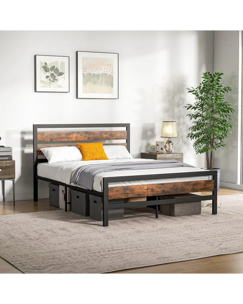 Full/Queen Industrial Bed Frame with Rustic Headboard and Footboard-Full Size - Rustic Brown - Simple Bed Frame