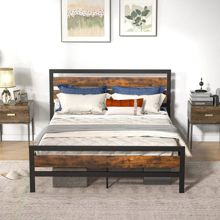 Full/Queen Industrial Bed Frame with Rustic Headboard and Footboard-Queen Size - Rustic Brown - Simple Bed Frame