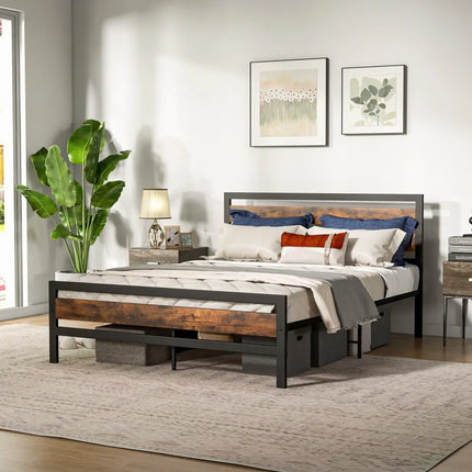 Full/Queen Industrial Bed Frame with Rustic Headboard and Footboard-Queen Size - Rustic Brown - Simple Bed Frame