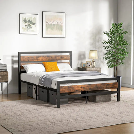 Full/Queen Industrial Bed Frame with Rustic Headboard and Footboard-Full Size - Rustic Brown - Simple Bed Frame