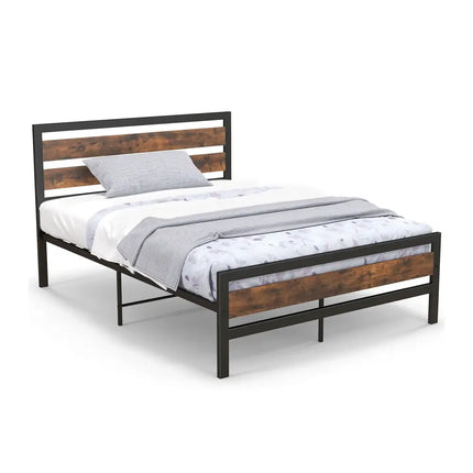 Full/Queen Industrial Bed Frame with Rustic Headboard and Footboard-Full Size - Rustic Brown - Simple Bed Frame