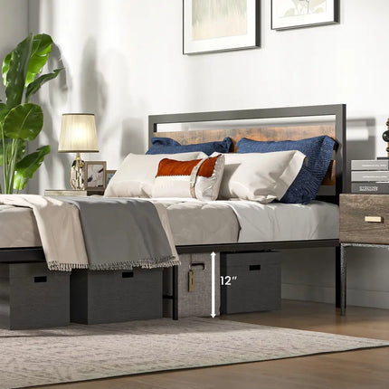 Full/Queen Industrial Bed Frame with Rustic Headboard and Footboard-Queen Size - Rustic Brown - Simple Bed Frame