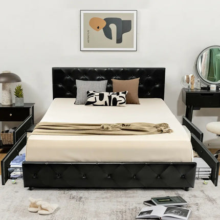 Full/Queen PU Leather Upholstered Platform Bed with 4 Drawers-Full Size - Simple Bed Frame