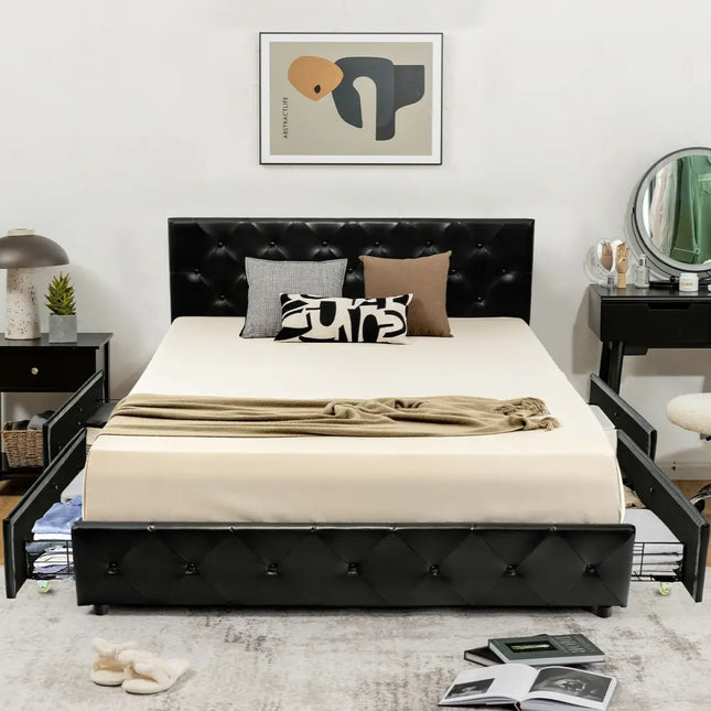 Full/Queen PU Leather Upholstered Platform Bed with 4 Drawers-Full Size - Simple Bed Frame