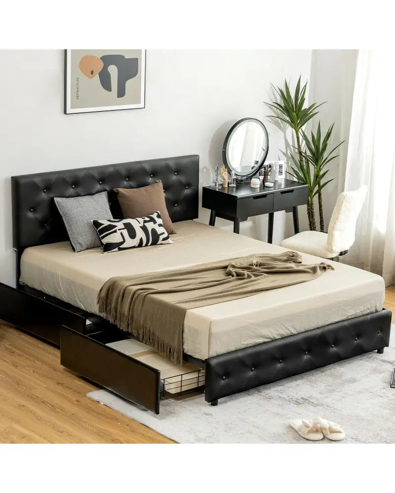 Full/Queen PU Leather Upholstered Platform Bed with 4 Drawers-Full Size - Simple Bed Frame
