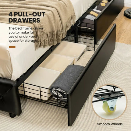 Full/Queen PU Leather Upholstered Platform Bed with 4 Drawers-Full Size - Simple Bed Frame