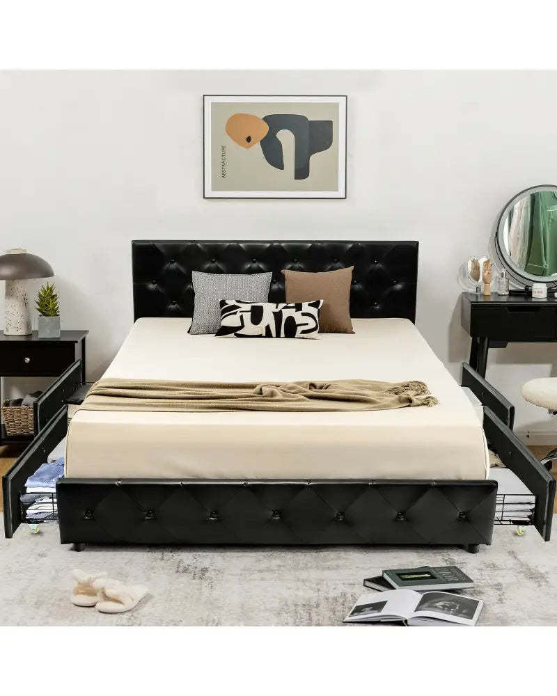 Full/Queen PU Leather Upholstered Platform Bed with 4 Drawers-Full Size - Simple Bed Frame