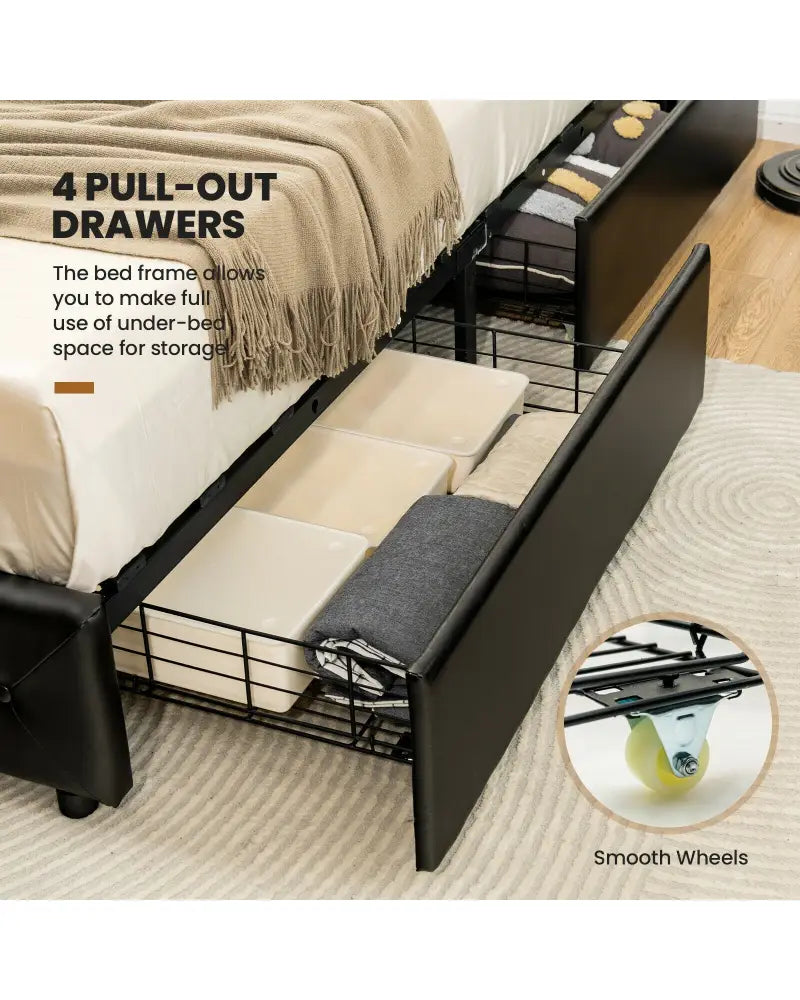 Full/Queen PU Leather Upholstered Platform Bed with 4 Drawers-Full Size - Simple Bed Frame