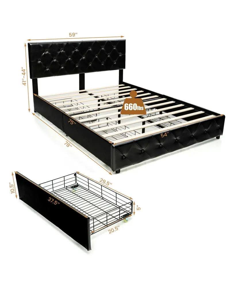 Full/Queen PU Leather Upholstered Platform Bed with 4 Drawers-Full Size - Simple Bed Frame