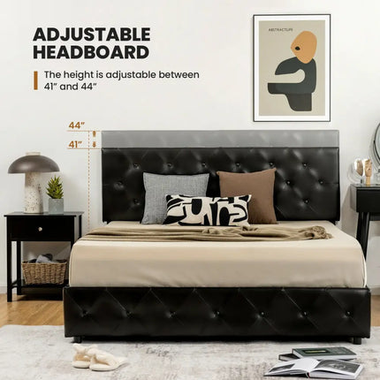 Full/Queen PU Leather Upholstered Platform Bed with 4 Drawers-Full Size - Simple Bed Frame