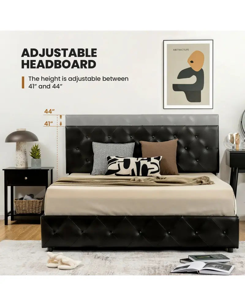 Full/Queen PU Leather Upholstered Platform Bed with 4 Drawers-Full Size - Simple Bed Frame