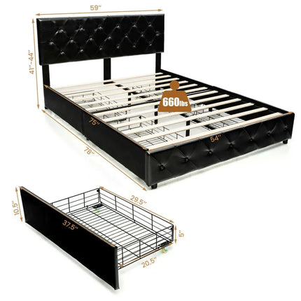 Full/Queen PU Leather Upholstered Platform Bed with 4 Drawers-Full Size - Simple Bed Frame