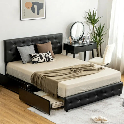 Full/Queen PU Leather Upholstered Platform Bed with 4 Drawers-Full Size - Simple Bed Frame