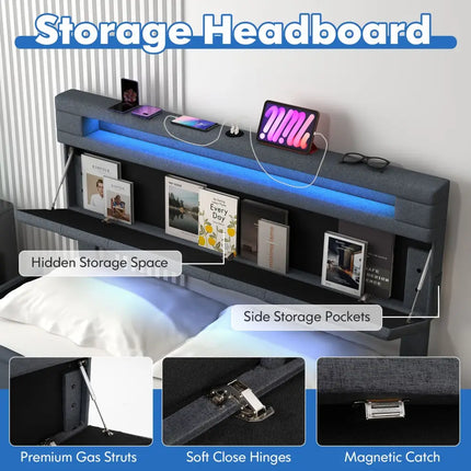 Full/Queen Size Bed Frame with Adjustable Storage Headboard and Wooden Slat Support-Full - Gray - Simple Bed Frame