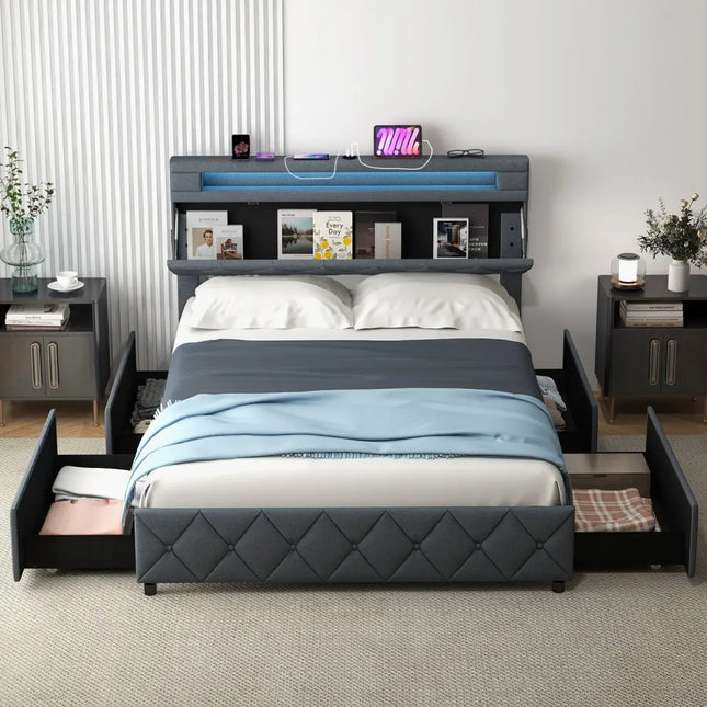 Full/Queen Size Bed Frame with Adjustable Storage Headboard and Wooden Slat Support-Full - Gray - Simple Bed Frame