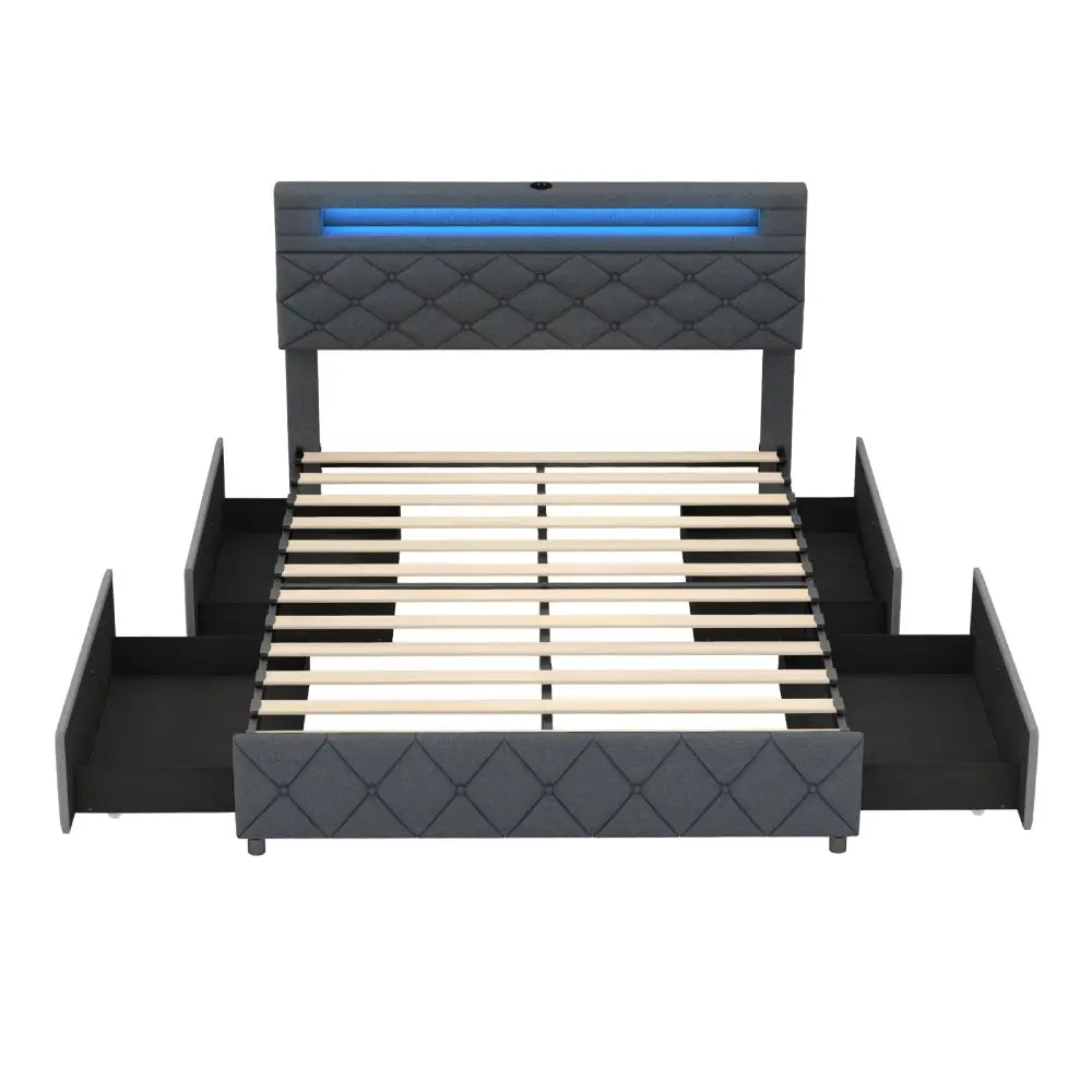 Full/Queen Size Bed Frame with Adjustable Storage Headboard and Wooden Slat Support-Full - Gray - Simple Bed Frame