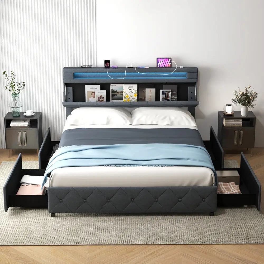 Full/Queen Size Bed Frame with Adjustable Storage Headboard and Wooden Slat Support-Queen Size - Gray - Simple Bed Frame