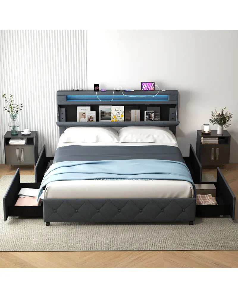 Full/Queen Size Bed Frame with Adjustable Storage Headboard and Wooden Slat Support-Queen Size - Gray - Simple Bed Frame