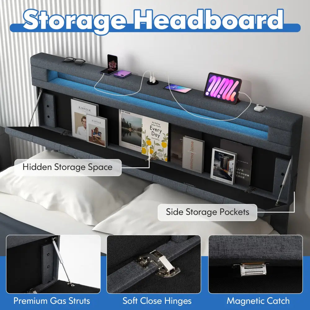 Full/Queen Size Bed Frame with Adjustable Storage Headboard and Wooden Slat Support-Queen Size - Gray - Simple Bed Frame