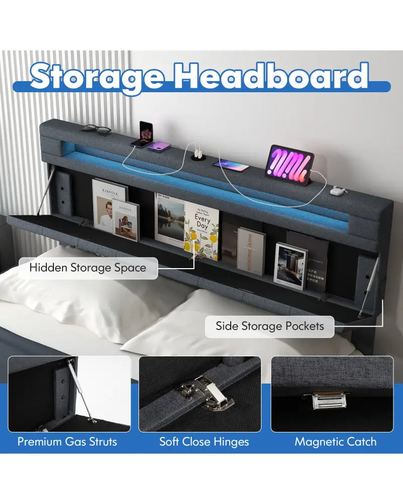 Full/Queen Size Bed Frame with Adjustable Storage Headboard and Wooden Slat Support-Queen Size - Gray - Simple Bed Frame