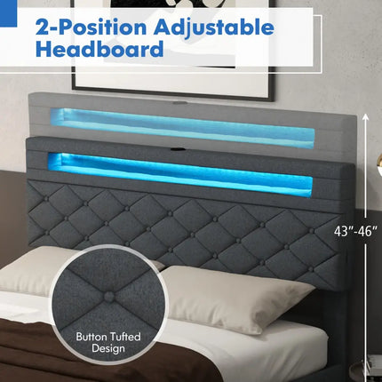 Full/Queen Size Bed Frame with Adjustable Storage Headboard and Wooden Slat Support-Full - Gray - Simple Bed Frame