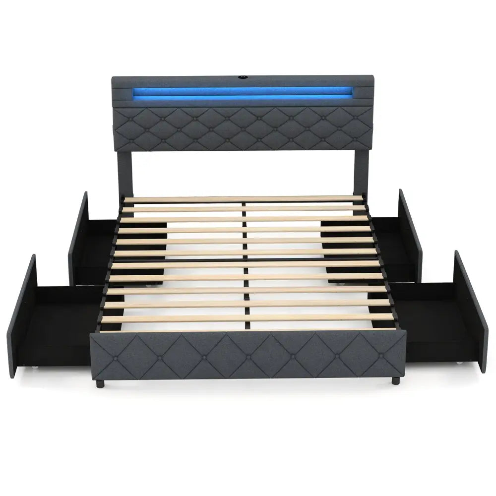 Full/Queen Size Bed Frame with Adjustable Storage Headboard and Wooden Slat Support-Queen Size - Gray - Simple Bed Frame