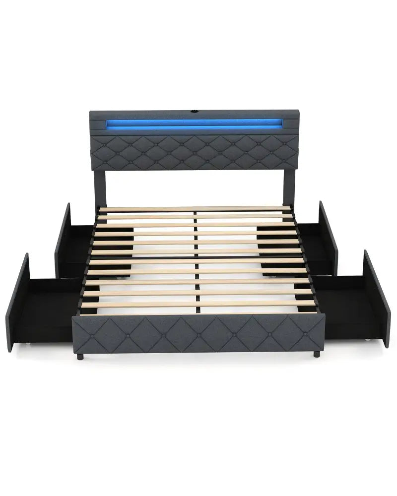 Full/Queen Size Bed Frame with Adjustable Storage Headboard and Wooden Slat Support-Queen Size - Gray - Simple Bed Frame
