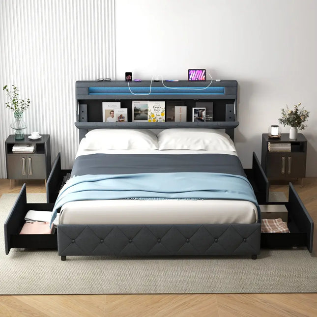 Full/Queen Size Bed Frame with Adjustable Storage Headboard and Wooden Slat Support-Queen Size - Simple Bed Frame