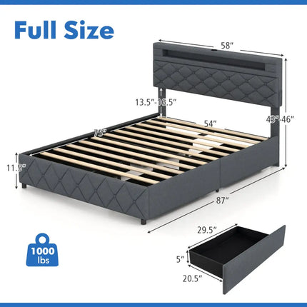 Full/Queen Size Bed Frame with Adjustable Storage Headboard and Wooden Slat Support-Full - Gray - Simple Bed Frame