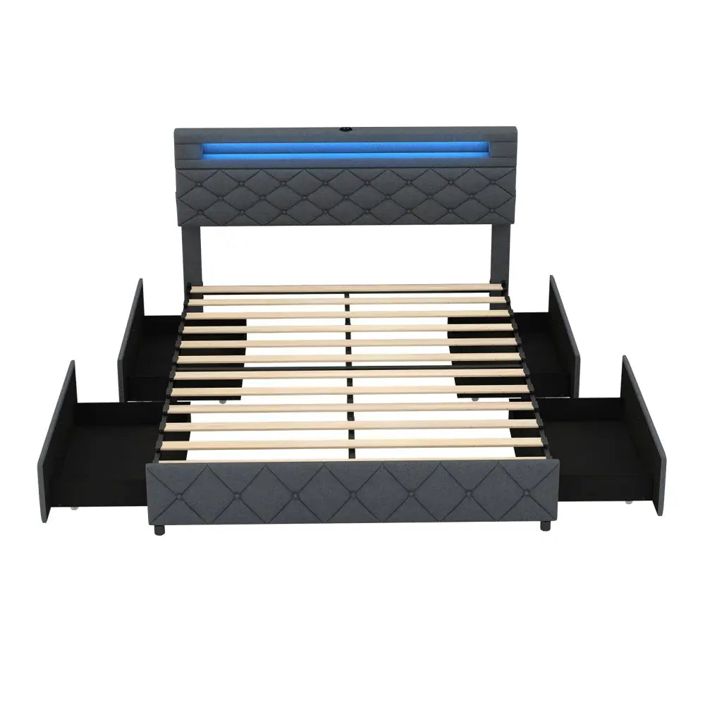 Full/Queen Size Bed Frame with Adjustable Storage Headboard and Wooden Slat Support-Queen Size - Gray - Simple Bed Frame